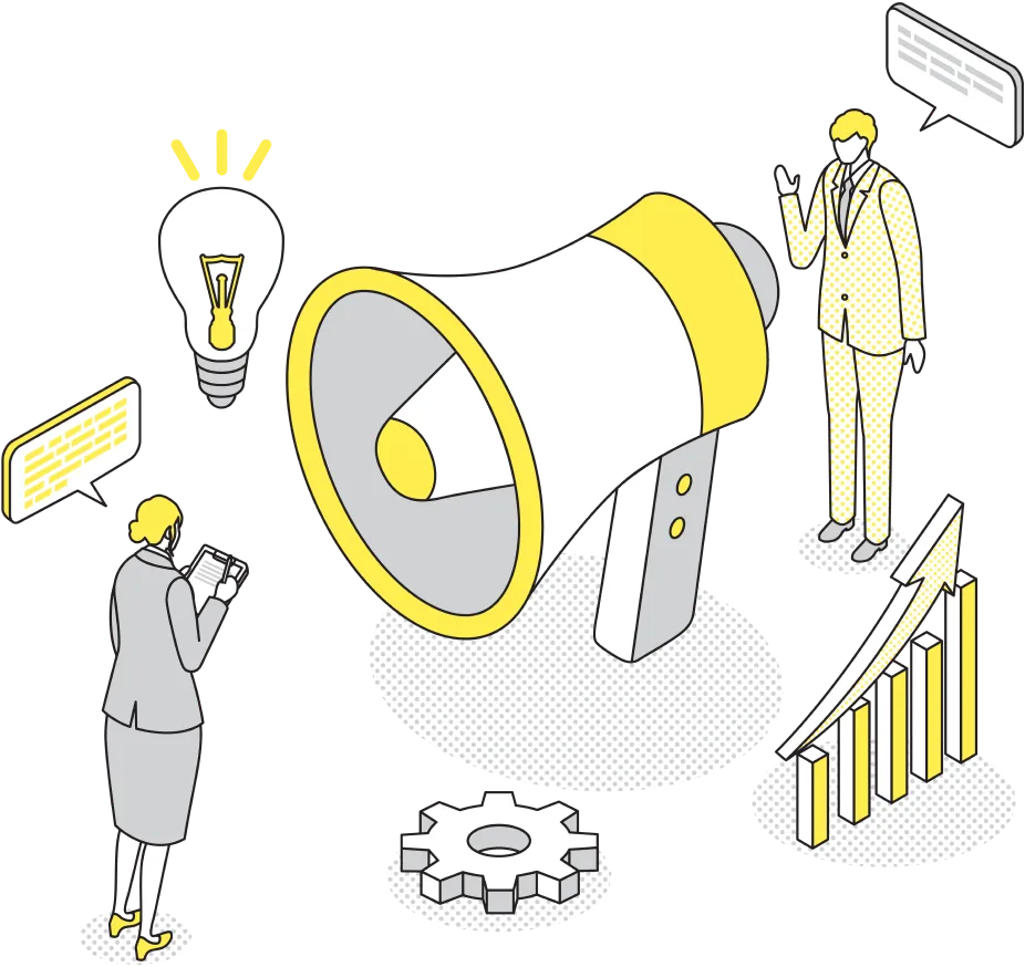ビジネスパーソンがアイデアやデータを確認しながら、メガホンで情報発信し、売上や成果の向上を示すイラスト