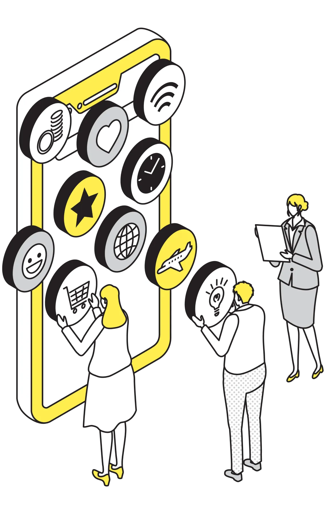 スマホ画面のアイコンを操作する人々のイラスト