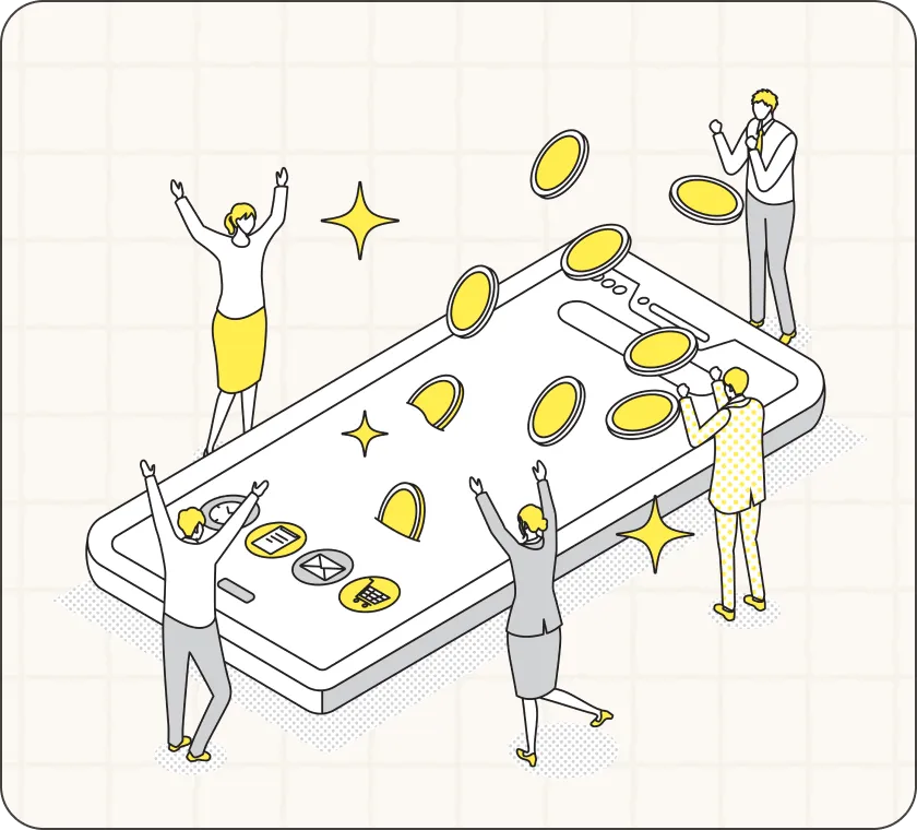 スマートフォン画面からコインが飛び出し、ビジネスパーソンが喜んでいるイラスト